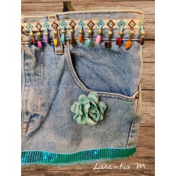 Denim bag with multicolored pearl ribbon, turquoise