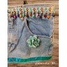 Denim bag with multicolored pearl ribbon, turquoise