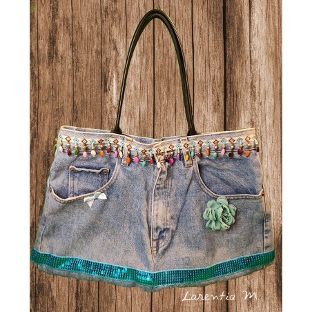 Denim bag with multicolored pearl ribbon, turquoise