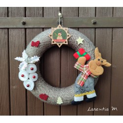  Christmas wreath 25 cm gray and beige wool, felt roses, reindeer