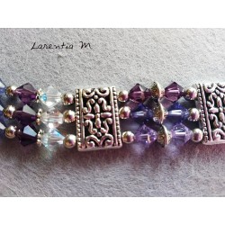 Bracelet 3 rangs perles de cristal de Swarovski, dégradé de perles violettes, séparateurs métal antique argenté, fermoir toggle