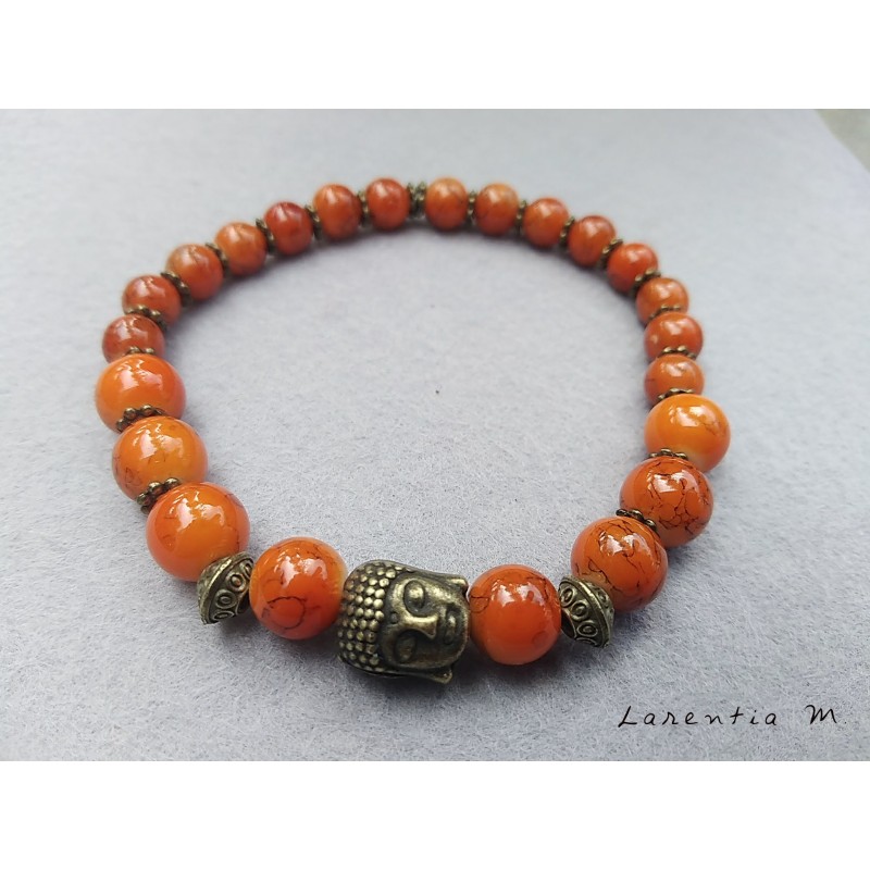 Orange stones beads bracelet, old gold buddha head