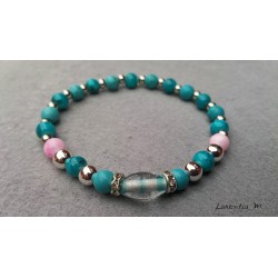 Blue and pink glass beads bracelet, silver