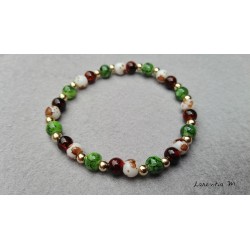 Glass beads bracelet 6mm brown, green, white gold metal - Elastic