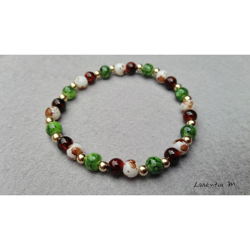 Glass beads bracelet 6mm brown, green, white gold metal - Elastic