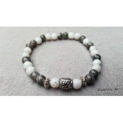 Glass bead bracelet 6mm, white and gray, silver metal - Elastic