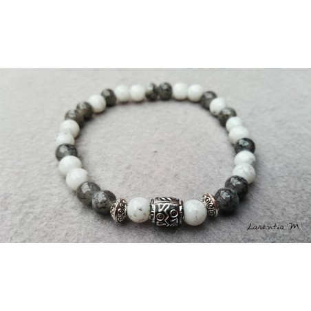 Bracelet perles verre 6mm, blanches et grises, métal argenté - Elastique