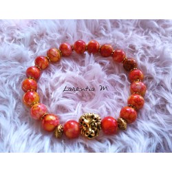 Orange stones beads bracelet, old gold lion head