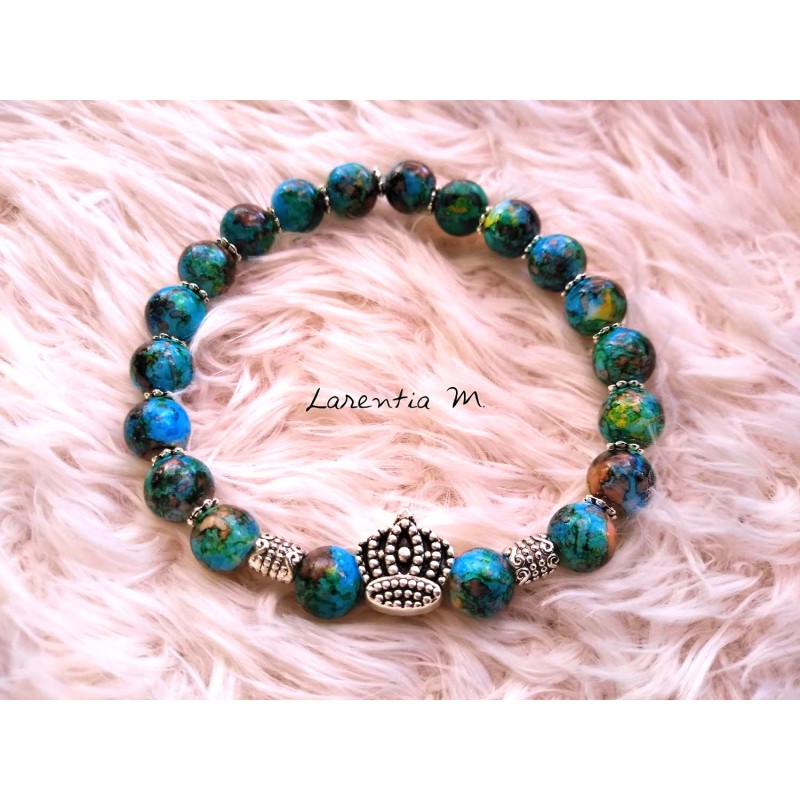 Bracelet perles verre 8mm bleues mouchetées, couronne argentée - Elastique