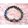 Bracelet perles verre 8mm bleues mouchetées, couronne argentée - Elastique