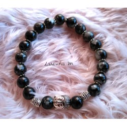 Bracelet perles verre 8mm noires mouchetées, tête Bouddha argentée - Elastique