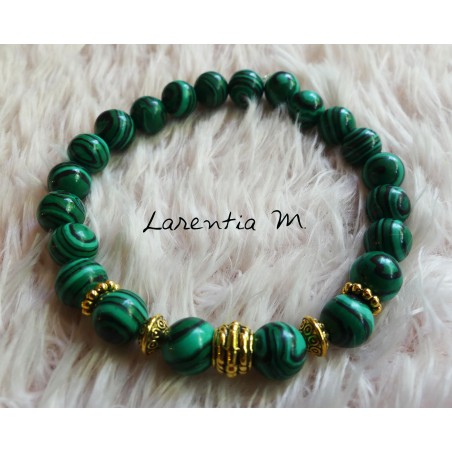 Malachite beads bracelet 8mm, gold metal beads - Elastic