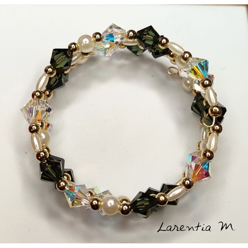 3-row bracelet made of Swarovski crystal beads, white and black, with white  waxed Shape memory metal