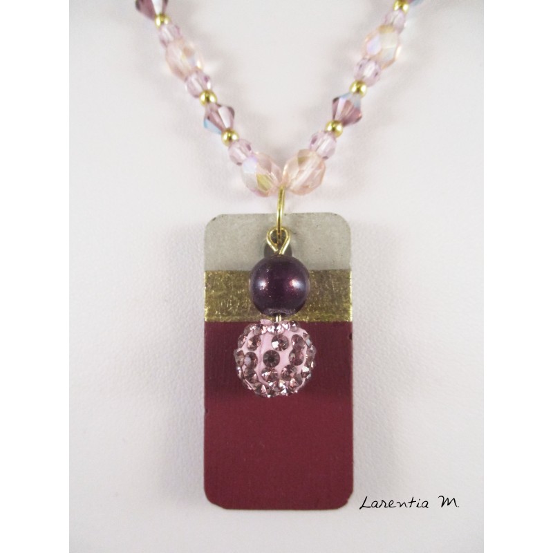 Swarovski crystal pearl necklace and glass, painted concrete rectangle pendant grape, with waxed pearl and purple shamballa