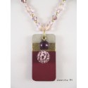 Swarovski crystal pearl necklace and glass, painted concrete rectangle pendant grape, with waxed pearl and purple shamballa