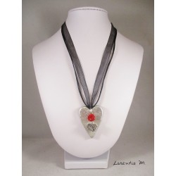 Necklace, silver pendant "heart" with red shamballa pearl, on heart concrete pad decorated silver