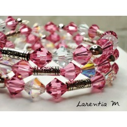 Bracelet 3 rangs en perles de cristal de Swarovski, rose et transparent, séparées par des perles métal