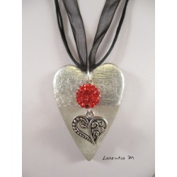 Necklace, silver pendant "heart" with red shamballa pearl, on heart concrete pad decorated silver