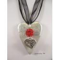 Necklace, silver pendant "heart" with red shamballa pearl, on heart concrete pad decorated silver