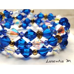 Bracelet 3 rangs en perles de cristal de Swarovski, bleu et transparent, séparées par des perles métal