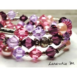 3 row bracelet in Swarovski crystal beads, purple and pink