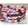 Bracelet 3 rangs en perles de cristal de Swarovski, violet et rose, séparées par des perles cirées roses et perles métal