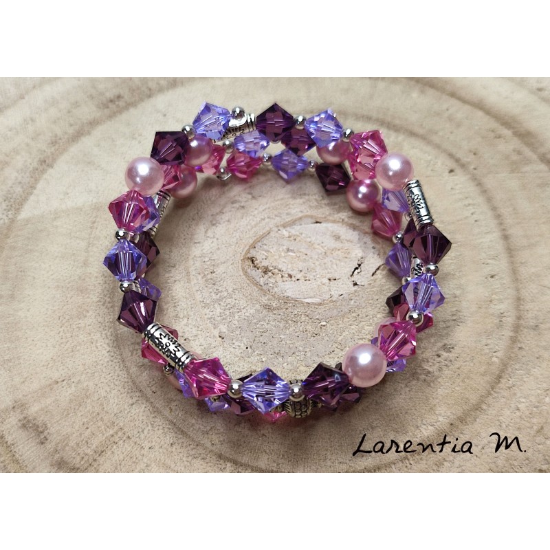 row bracelet in Swarovski crystal beads, purple and pink