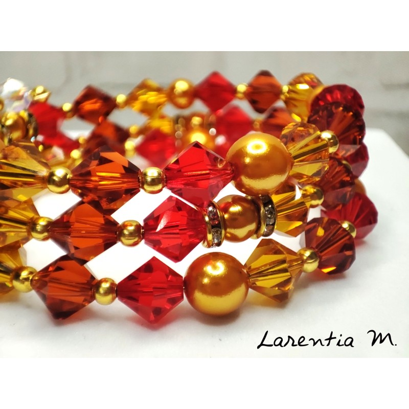 Bracelet 3 rangs perles cristal de Swarovski, rouge, orangé