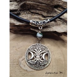 Collier ras de cou caoutchouc avec perle agate arborisée et pendentif arbre de vie filigrane argenté