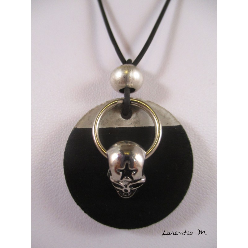 Silver Pendant Necklace "Skull" with metal bead silver pedestal of black painted steel and concrete round ring
