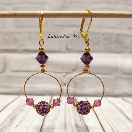 Boucles d'oreilles créoles fantaisie Swarovski violettes et roses