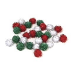 Pompons metalliques rouges, verts et argent