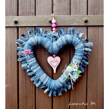 Denim heart pendant with flowers and dragonfly, pink heart