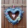 Denim heart pendant with flowers and dragonfly, pink heart