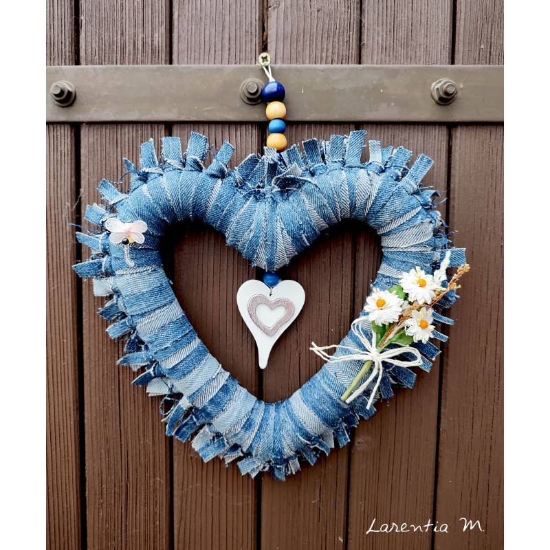 Denim heart pendant with flowers and dragonfly, white heart