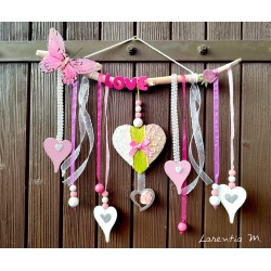 Driftwood pendant light, hearts, butterfly pink and white tones