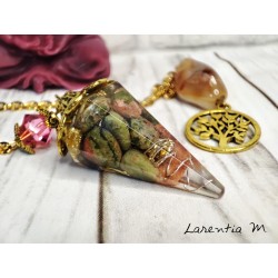 Resin pendulum with natural red jasper. Gold plated chain