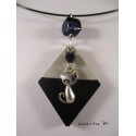 Necklace "Cat" with Swarovski crystal black pearl Stand black painted concrete diamond and black pearl square