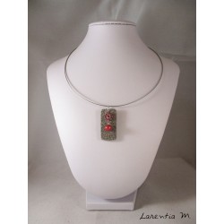 Granite rectangle necklace, Swarovski crystal flower and red magic pearl, gray level with rigid neck