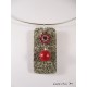 Granite rectangle necklace, Swarovski crystal flower and red magic pearl, gray level with rigid neck