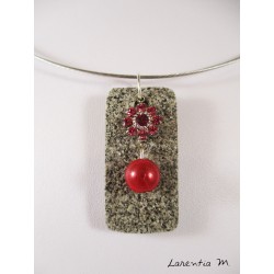 Granite rectangle necklace, Swarovski crystal flower and red magic pearl, gray level with rigid neck
