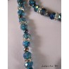 Collier perles cristal Bohème bleues avec séparateurs strass, pendentif béton rond avec papillon argent, pompon gris
