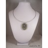 Granite oval necklace, shamballa green pearl, sun silver, gray suede cord