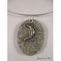 Granite oval necklace, shamballa green pearl, sun silver, gray suede cord