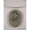 Granite oval necklace, shamballa green pearl, sun silver, gray suede cord