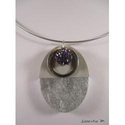 Concrete oval necklace, stainless steel ring, purple shamballa pearl, black metal crew neck