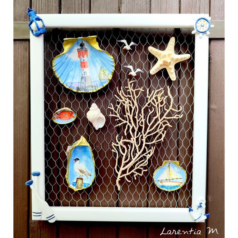 Painting of painted shells, coral, starfish, white wooden frame Painting of painted shells, coral, starfish, white wooden frame
