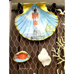 Painting of painted shells, coral, starfish, white wooden frame