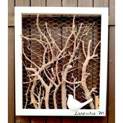 White lacquered wooden frame, branches with fairy lights