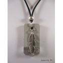 Collier béton rectangle argent, dragon argent, perle cristal gris, cordon daim gris